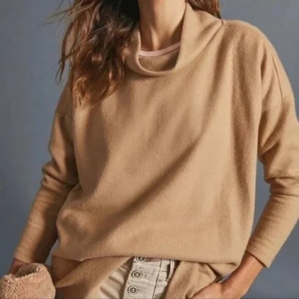 Anthropologie Theresa Tunic Sweater Relaxed Fit Brown Size XS Cabincore Mockneck